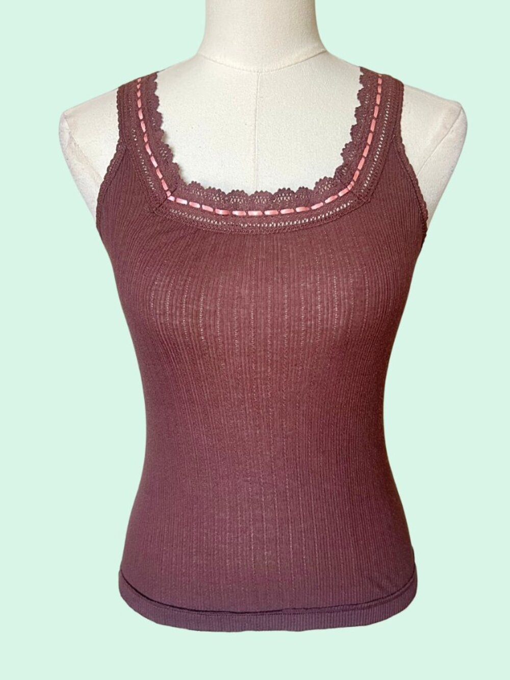 Free People Ribbed Lace-Trim Tank Top - Chocolate Brown